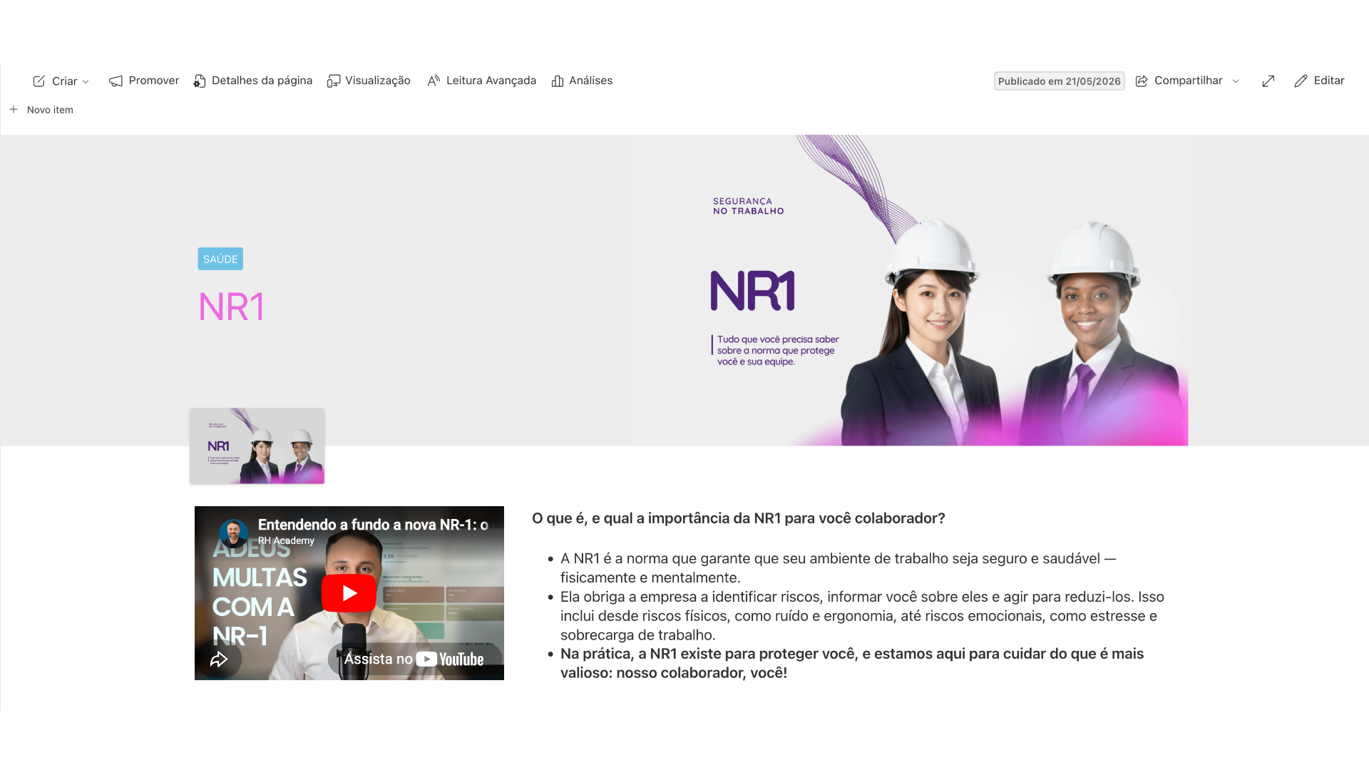 Página NR-1 na intranet